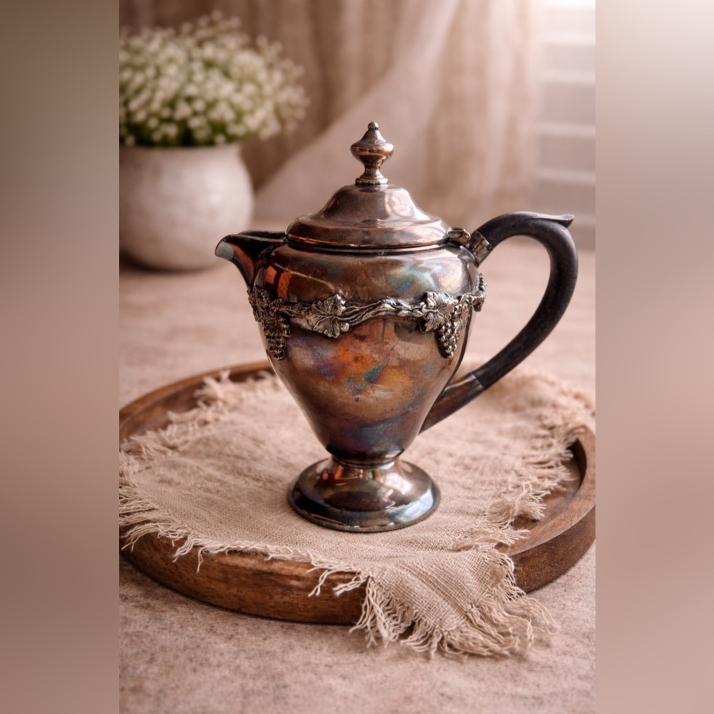 Vintage Silver on Copper Creamer – Old English Reproduction Grape Motif